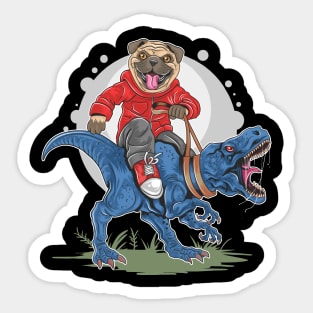 cute pug dog riding a t-rex Sticker